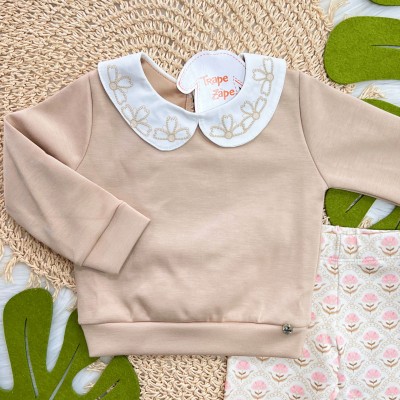 Conj. Casaco com Gola de Flores e Calça Legging - Areia